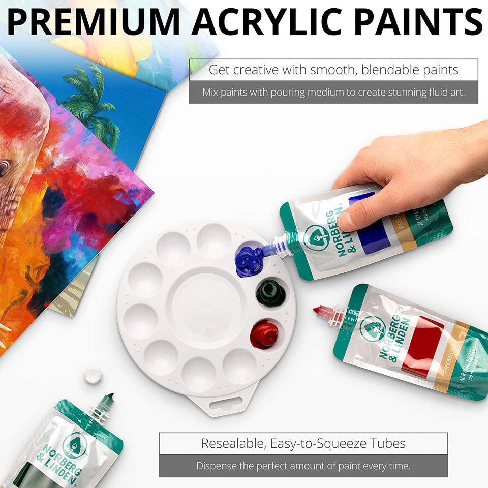 Premium Acrylic Paint Set - 15 Large Tubes (4oz 120 ml) for Canvas Painting - Pouches of High-Pigment Colors