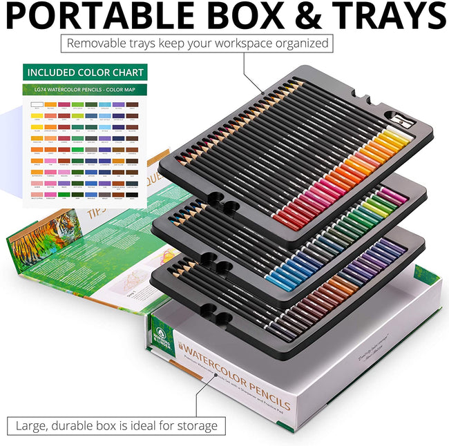 LG74 Watercolor Pencil Set - Vibrant Colored Pencils, Watercolor Pad & Portable Storage Box - Painting Supplies - Set of 72