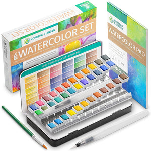 Watercolor Palette Norberg & Linden LG Water Color Paint Set - 36 Colors in Half Pans, 12-Sheet Paper Pad, 3 Artist Painting Brush - for Adults Paints Kit Pallet Acuarelas Profesionales Paper Supplies