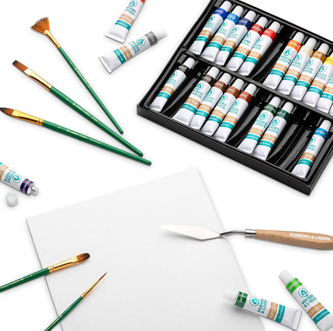LG34 Acrylic Paint Set - Pack of 24 12ml Color Tubes, 3 Canvas Panels, 6 Brushes & Wooden Painting Knife - Art Coloring Kit