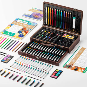 XXL144 Art Set in Wooden Box with Drawer Includes Crayons, Oil Pastels, Watercolor Paints, Colored Pencils, Sharpener and Sketch Pad