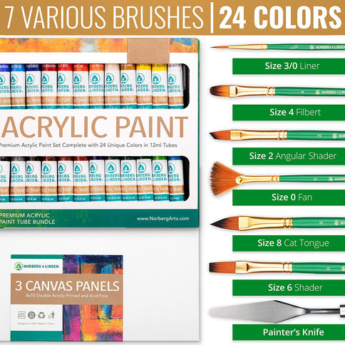 LG34 Acrylic Paint Set - Pack of 24 12ml Color Tubes, 3 Canvas Panels, 6 Brushes & Wooden Painting Knife - Art Coloring Kit