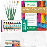 Acrylic Paint Set -12 Acrylic Paints, 6 Paint Brushes for Acrylic Painting, 3 Painting Canvas Panels - Canvas Painting Art Supplies