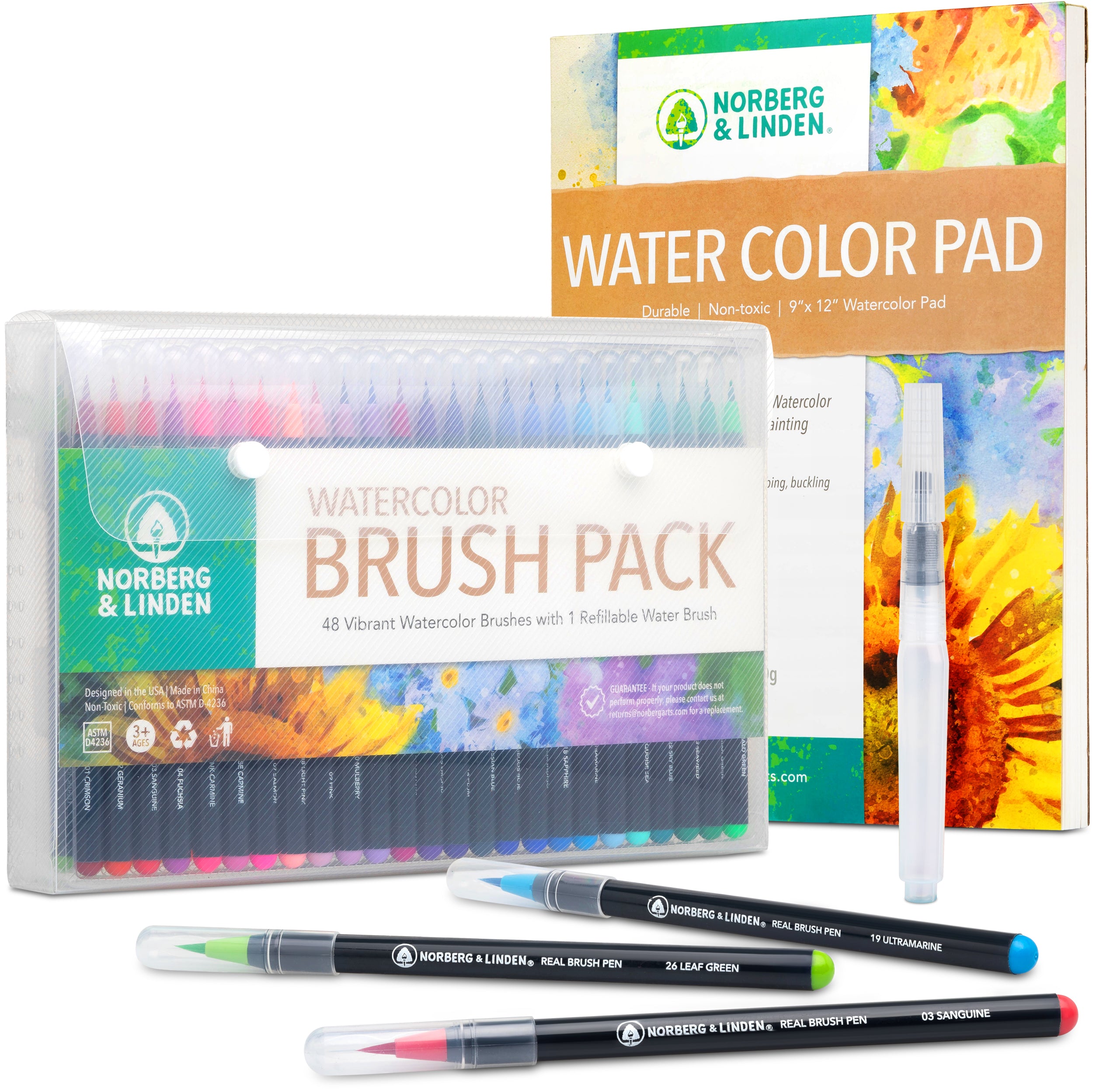 Real Waterbrush Set - 48 Watercolor Paint Markers, 1 Refillable Water Brush, Painting Pad - Nylon Tips for Drawing - Coloring Pens