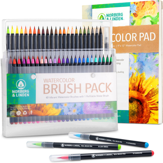 Real Waterbrush Set - 48 Watercolor Paint Markers, 1 Refillable Water Brush, Painting Pad - Nylon Tips for Drawing - Coloring Pens