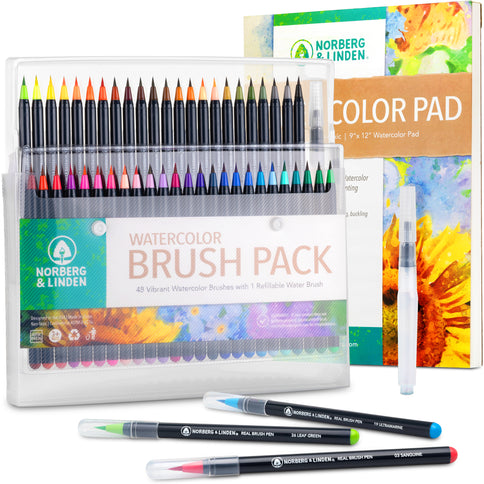 Real Waterbrush Set - 48 Watercolor Paint Markers, 1 Refillable Water Brush, Painting Pad - Nylon Tips for Drawing - Coloring Pens