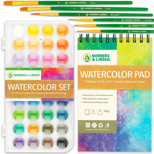 Watercolor Paint Set - 36 Premium Paints - 12 Page Pad - 6 Brushes - Painting Supplies with Palette, Watercolors, Art Pad Paper and Artist Brushes