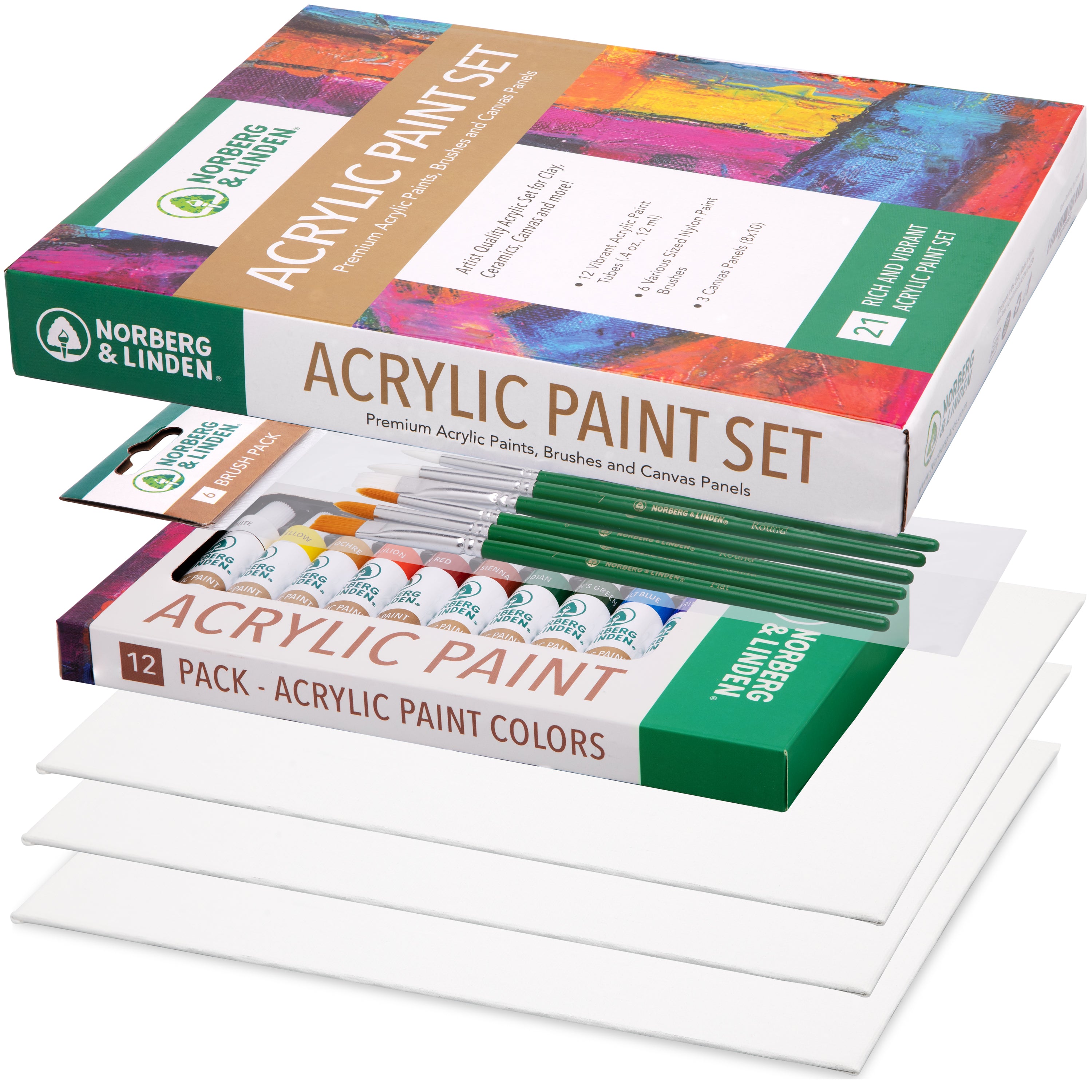 Acrylic Paint Set -12 Acrylic Paints, 6 Paint Brushes for Acrylic Painting, 3 Painting Canvas Panels - Canvas Painting Art Supplies