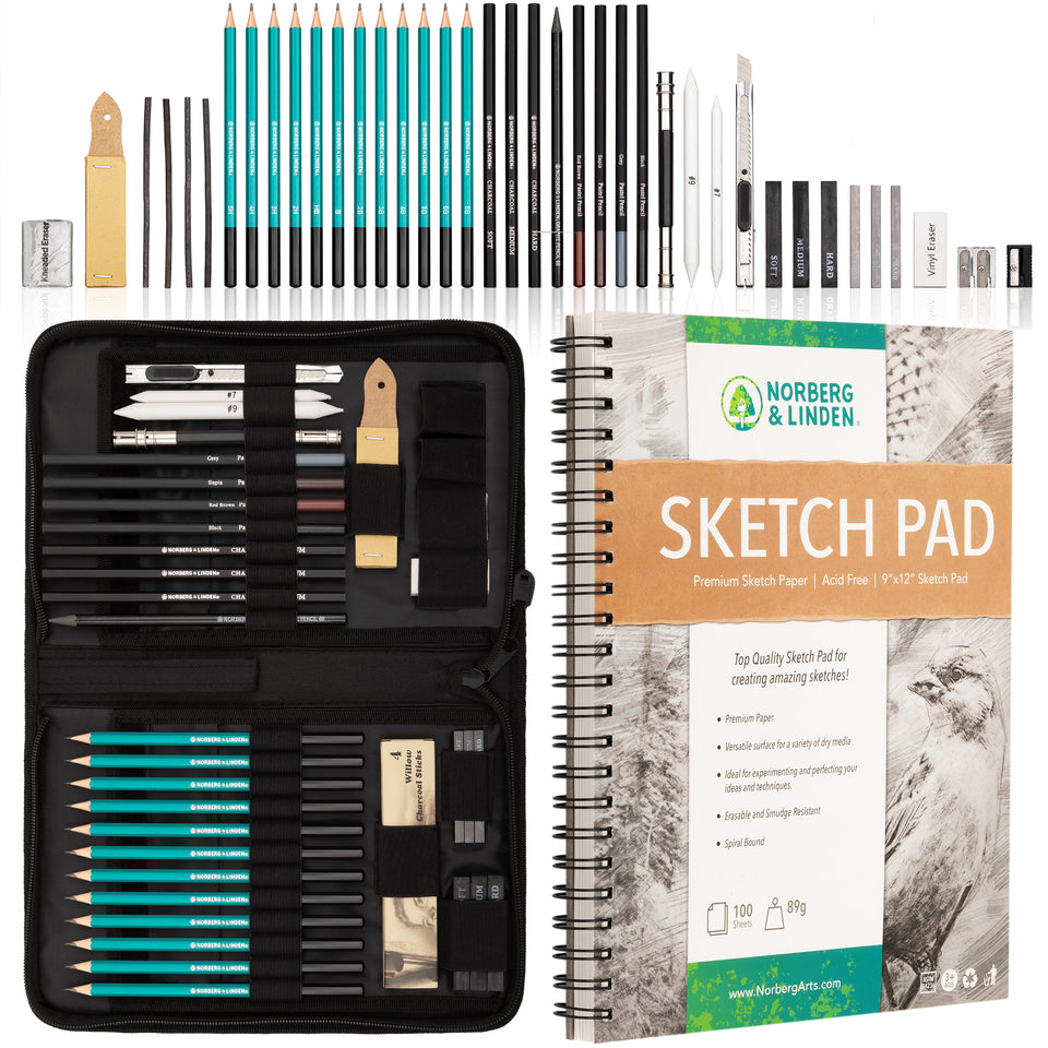 XXL Drawing Set - Sketching and Charcoal Pencils. 100 Page Drawing Pad, Kneaded Eraser, and Graphite. Art Set for Everyone!