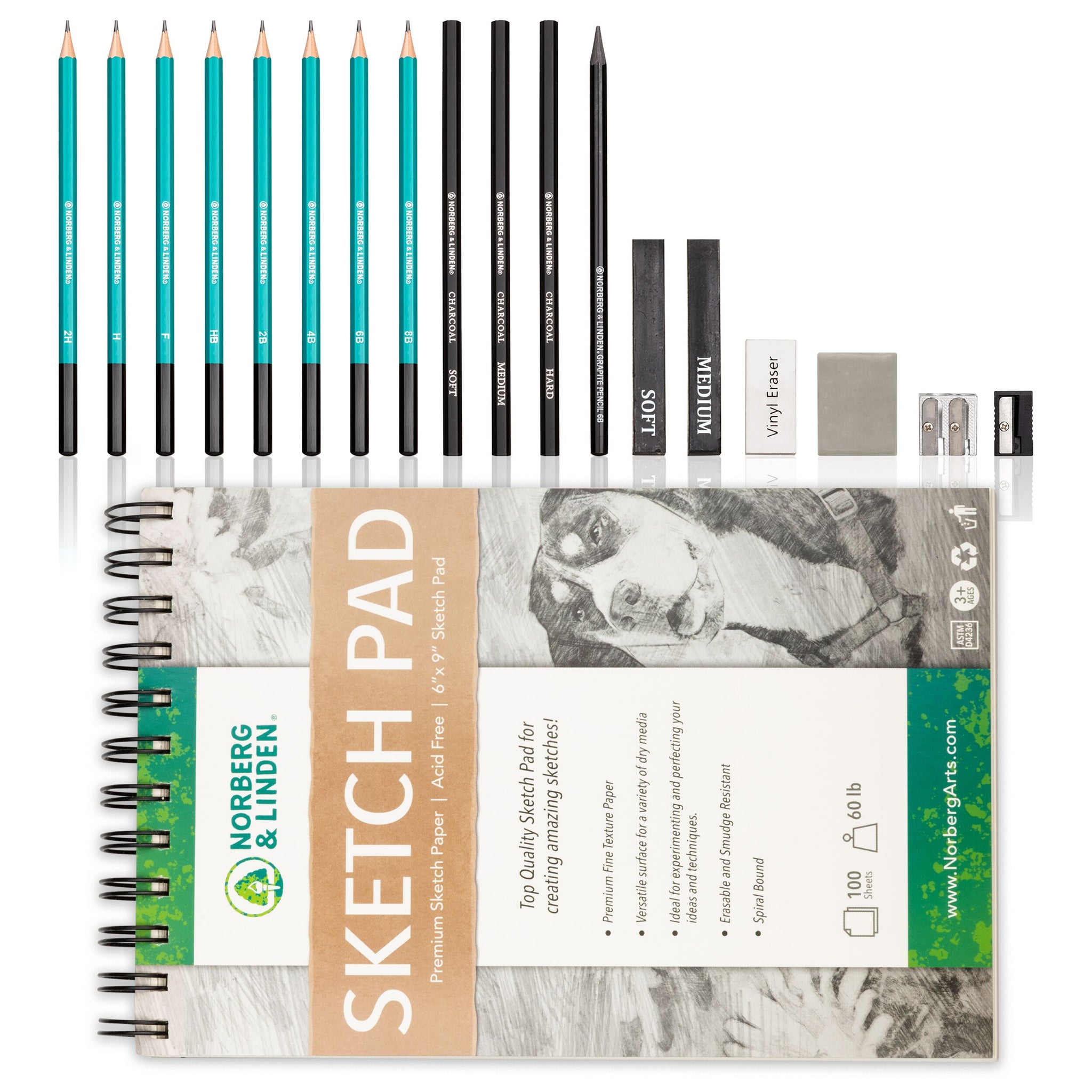 Norberg & Linden Drawing Set - Sketching and Charcoal Pencils - 100 Page  Drawing Pad, Kneaded Eraser. Art Kit and Supplies for Kids, Teens and Adults