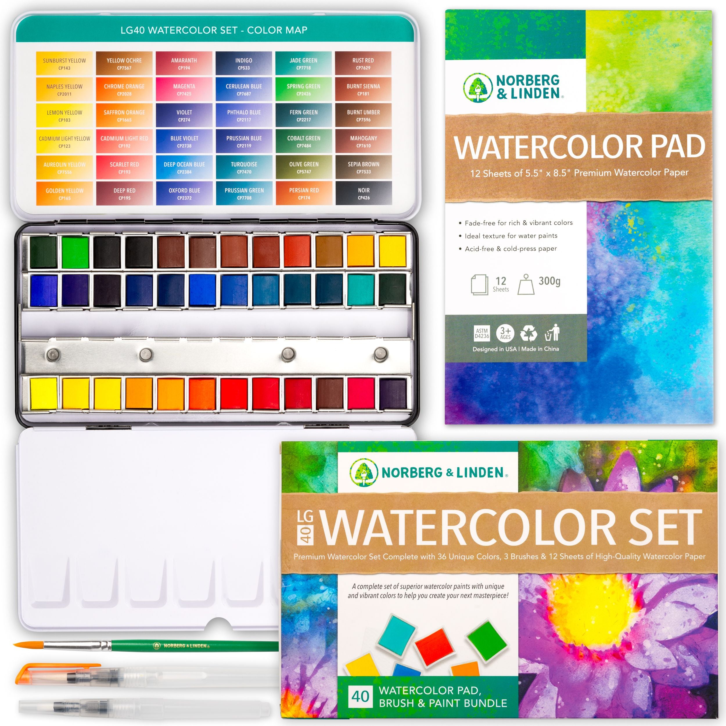 Watercolor Palette Norberg & Linden LG Water Color Paint Set - 36 Colors in Half Pans, 12-Sheet Paper Pad, 3 Artist Painting Brush - for Adults Paints Kit Pallet Acuarelas Profesionales Paper Supplies